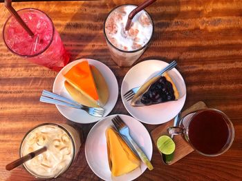 High angle view of breakfast on table
