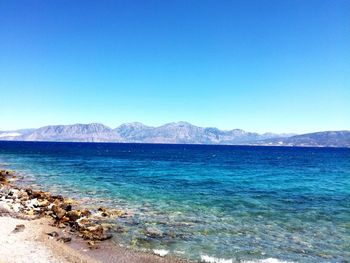 Scenic view of sea against clear blue sky