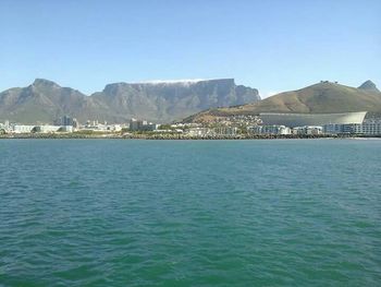 Scenic view of calm sea against clear blue sky