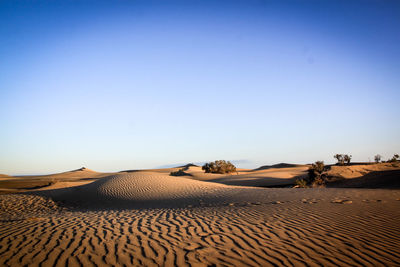 View of sand dunes in desert against clear blue sky