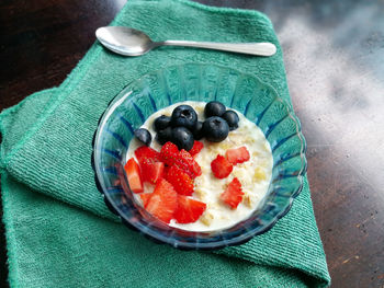 High angle view of breakfast served on table