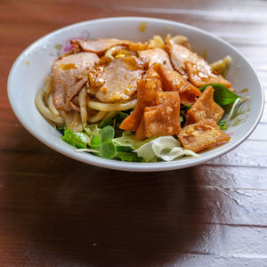 High angle view of meal served on table