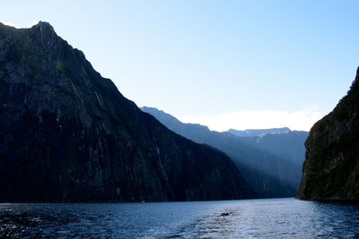 Scenic view of sea by mountains against clear sky