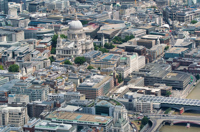 High angle view of buildings and street in city