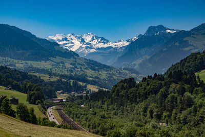 Scenic view of snowcapped mountains against clear sky