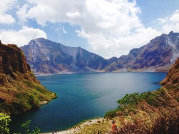 Scenic view of lake against cloudy sky