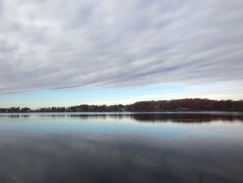 Scenic view of calm lake against cloudy sky