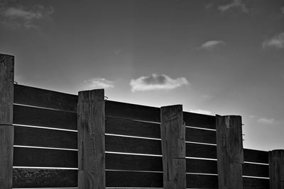 Low angle view of fence against sky