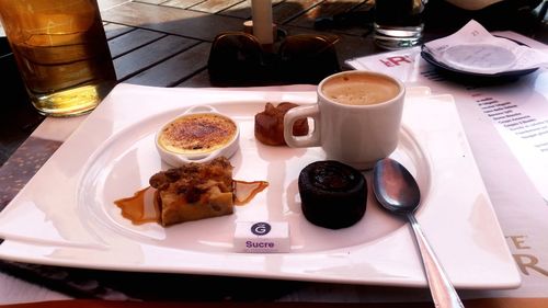 High angle view of breakfast served on table