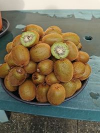 High angle view of fruits in tray on table