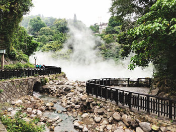 Scenic view of waterfall along trees