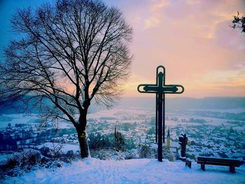 Bare tree on snow covered landscape against sky