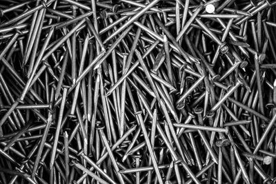 A bunch of metal nails close-up top view, black and white photo