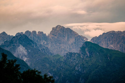 Scenic view of mountains against sky during sunset