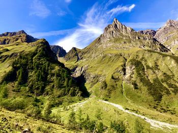 Panoramic view of mountains against blue sky