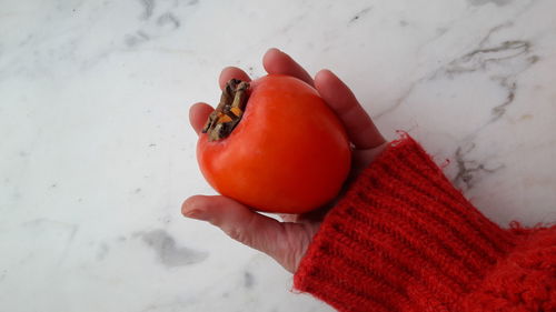 High angle view of hand holding apple