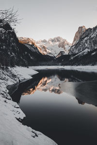 Scenic view of lake and snowcapped mountains against sky