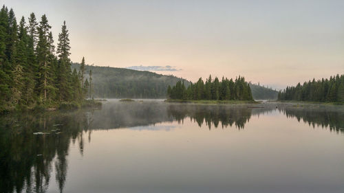 Scenic view of lake by trees against sky