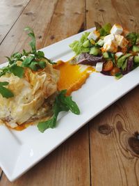 High angle view of meal served on table