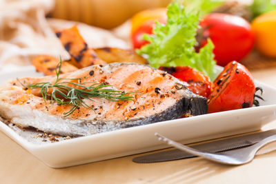 Close-up of meal served on table