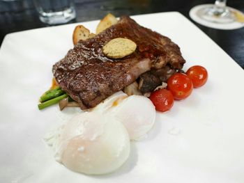 Close-up of angus steak served in restaurant