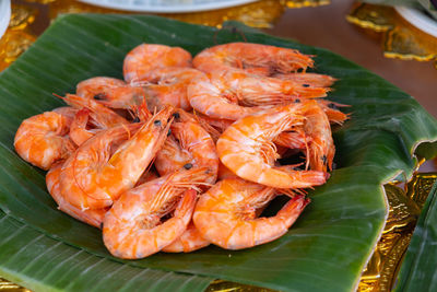 High angle view of seafood on grill