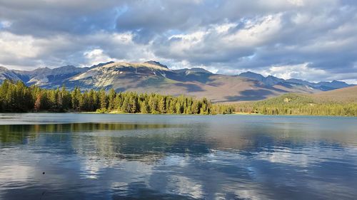 Scenic view of lake by mountains against sky