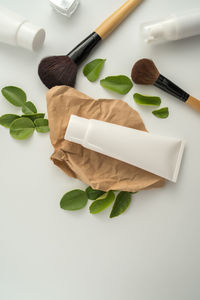 High angle view of food on table against white background