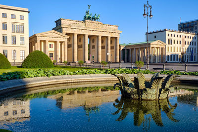 The famous brandenburg gate in berlin with reflections in a fountain
