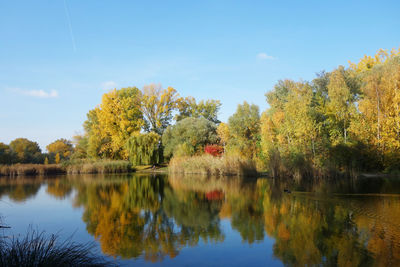 Reflection of trees in lake against sky during autumn