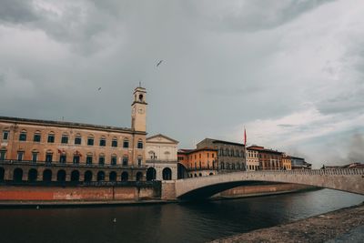 Bridge over river against buildings in city