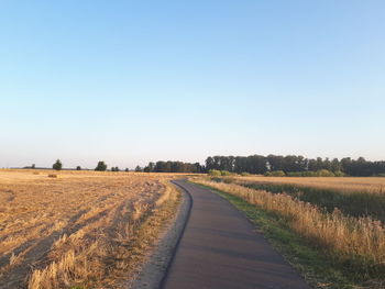 Road amidst agricultural field against clear sky