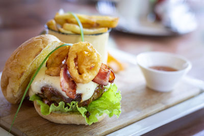 Close-up of burger on table