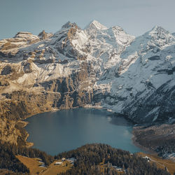 Scenic view of snowcapped mountains and lake against sky