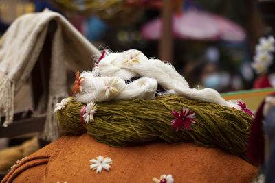 White and yellow silk thread it is a raw material for weaving in thailand.