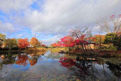 Reflection of trees in lake against sky during autumn