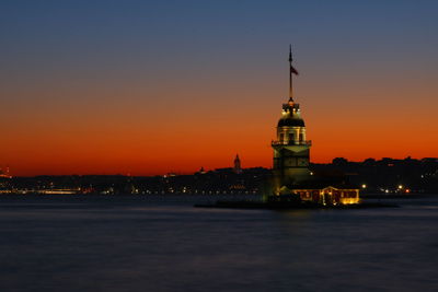 Illuminated building against sky during sunset