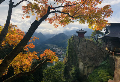 A japanese temple on the side of a cliff at yamagata japan