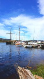 Boats moored at harbor against sky