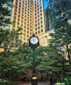 Low angle view of street light against trees in city