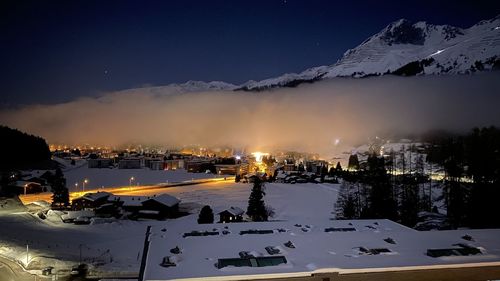 Scenic view of snow covered mountains against sky at night