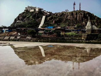 Reflection of building in lake against sky