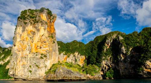 Panoramic view of rock formations against cloudy sky