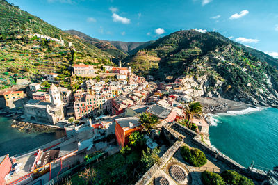 High angle view of buildings and mountains