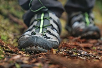 Low section of man walking on field in forest