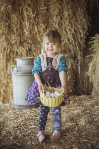 Charming child collects chicken eggs in a basket in a barn