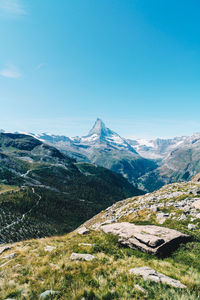 Scenic view of snowcapped mountains against clear blue sky