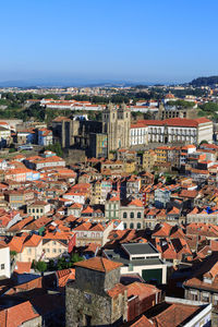 High angle view of townscape against clear sky