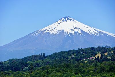 Scenic view of snowcapped mountains against clear blue sky