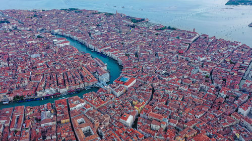 Incredible cityscape venice and venetian lagoon. venice grand canal and buidings from drone, italy